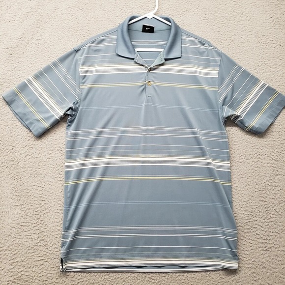 Nike Shirt Mens Medium Blue Striped Golf Fit Dry Outdoors Swoosh Logo Casual‎ - Picture 1 of 16